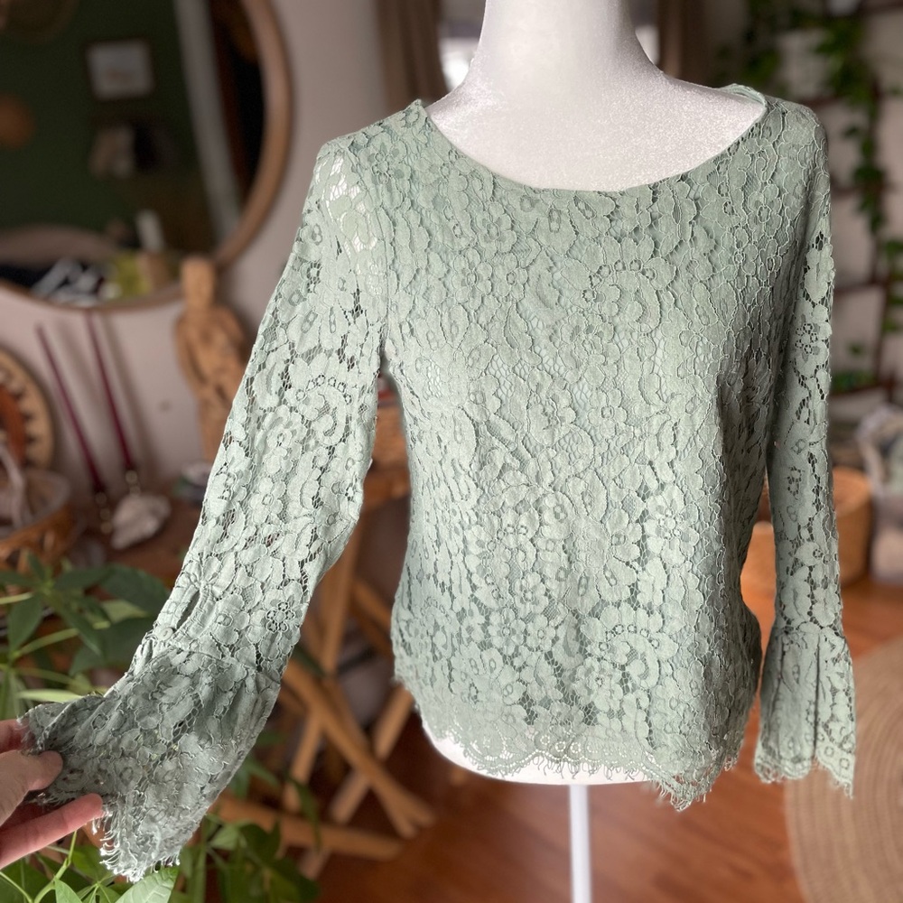 Rose + Olive Blue Green Lace Cotton Blend Long Sleeve Flare Cuffs Lined Top